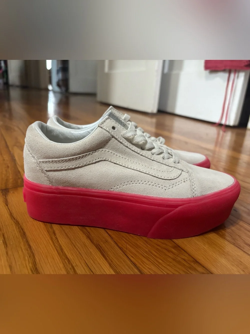 Vans White Suede Platform Sneakers with Pink Sole